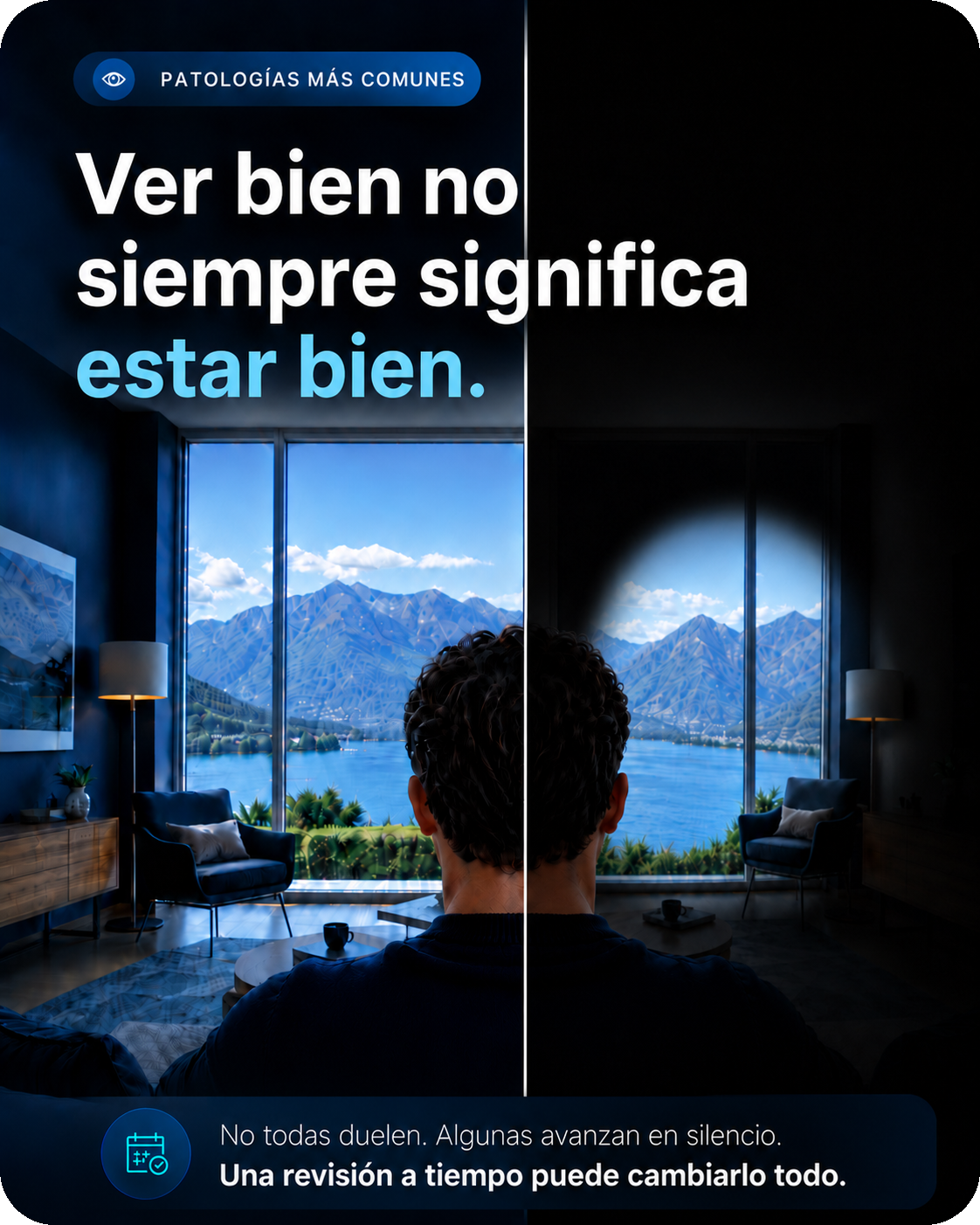 Comparación de visión normal y visión en túnel por glaucoma con mensaje de revisión visual preventiva
